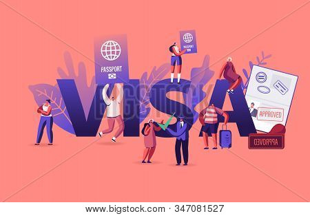 People Getting Visa Concept. Travelers And Tourists Making Document For Leaving Country And Travel A