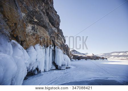 Cracks In Ice. Lake Baikal, Oltrek Island. Winter Landscape