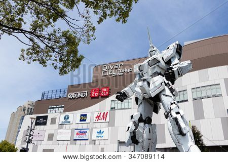 Tokyo, Japan - April 28, 2019, Rx-0 Unicorn Gundam Statue In Normal Mode Located At Diver City Tokyo