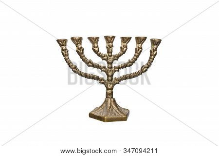 A Jewish Seven-pointed Candlestick Used During The Hanukkah Festival, Isolated On A White Background