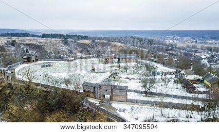 Aerial View Of Medieval Castle Mound In Belarusian City Of Mstislavl. Travel Concept.