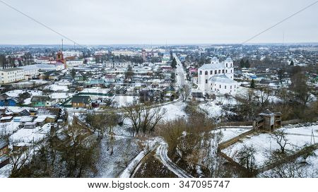 Aerial View Of Medieval Catholic Church In Belarusian City Of Mstislavl. Travel Concept.