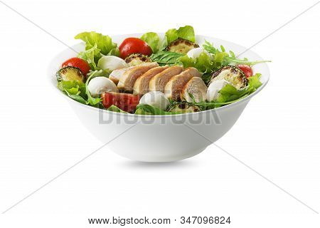 Healthy Green Salad With Chicken Breast And Mozzarella Isolated On White Background