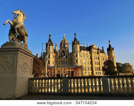 An External View Of The Intricate Palace Building In The Town Of Schwerin In Northern Germany.