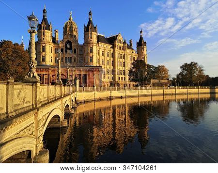 An External View Of The Intricate Palace Building In The Town Of Schwerin In Northern Germany.