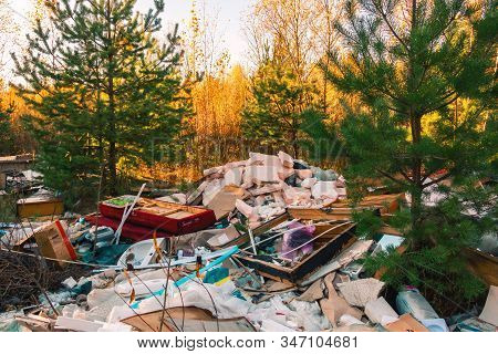 Garbage Dump In The Forest. Garbage Dumps Are An Environmental Problem Of Our Days.
