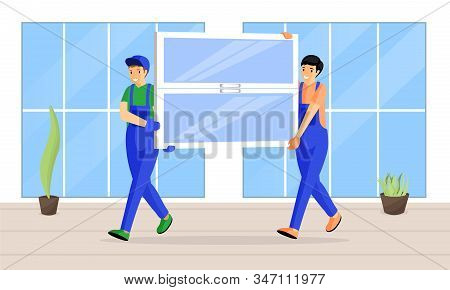 Window Replacement Service Workers Flat Illustration. Cheerful Couriers Carrying New Windowpane Cart