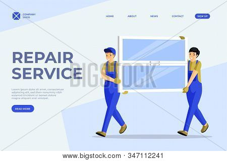 Window Installation Service Vector Homepage Template. Cheerful Handymen, Repairmen Carrying New Wind
