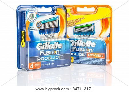 Moscow, Russia - January 23, 2020: Gillette Fusion Proglide Razor Blades In Blue And Orange Blister 