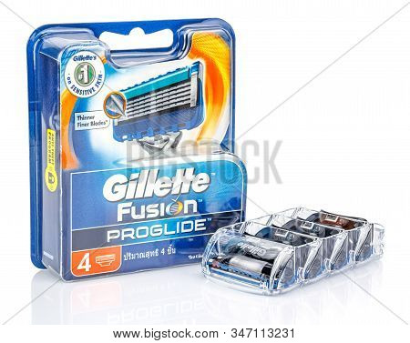 Moscow, Russia - January 23, 2020: Gillette Fusion Proglide Razor Blades In Transparent Plastic Hold