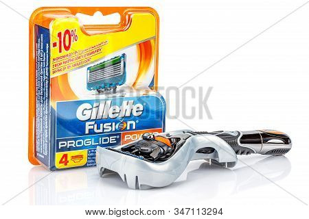 Moscow, Russia - January 23, 2020: Gillette Fusion Proglide Power Razor Blades In Orange Blister Pac