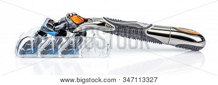 Moscow, Russia - January 23, 2020: Gillette Fusion Proglide Power Battery Razor Handle With Attached