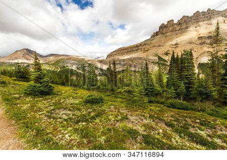 View Of Dolomit Peak From The Hiking Trail To Helen Lake In Banff National Park, Alberta, Canada