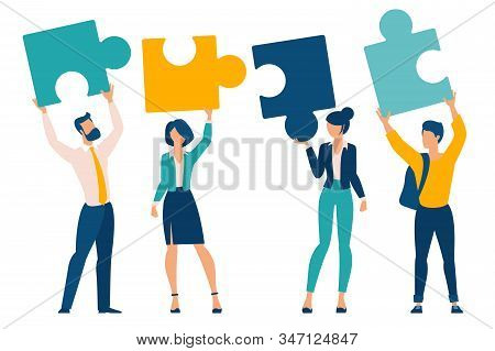 Flat Design Business Neamwork Concept. Team Solution Metaphor. Young Buciness People Solving Puzzle,