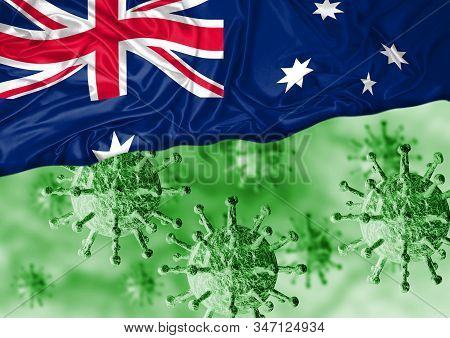 Coronavirus And Australia Flag, A Virus Pandemic Started In The Chinese City Of Wuhan And Is Spreadi
