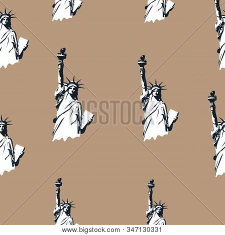 Statue Of Liberty Pattern In Vintage Style On White Background.