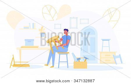 Young Man Carpenter Making Wooden Stool. Skilled Wood Carver Sitting In Workshop With Professional S