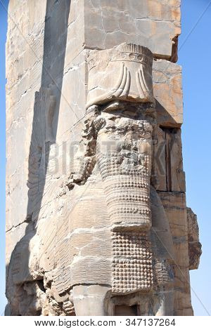 Detail of Gate of All Nations (Xerxes Gate) with stone face of lamassu in ancient city Persepolis, Iran. UNESCO world heritage site
