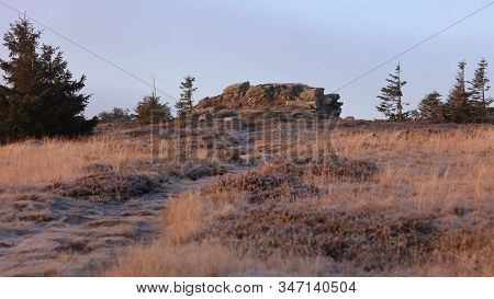 Path Leading Towards A Rock On Mountain Meadow. Pecny (1330 M), Jeseniky, Czech Republic. November 2