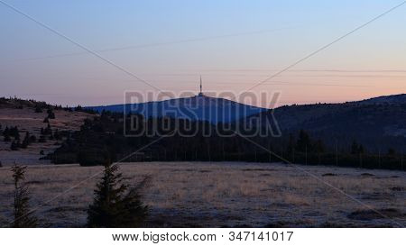 Praded Transmitter Just Before Sunset, Jeseniky, Czech Republic. Taken From Pecny (1330 M). November