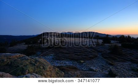 Meadows On Mountain Ridge Just Before Sunrise With Praded Transmitter In The Background, Pecny (1330