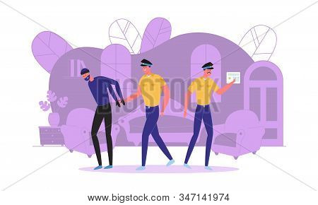 Burglar Detention By Armed Surveillance Officers In House Interior Scene With People Cartoon Charact