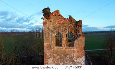 Ruins Of The Lutheran Church In Salgale Latvia Near Of The Bank Of The River Lielupe Aerial View