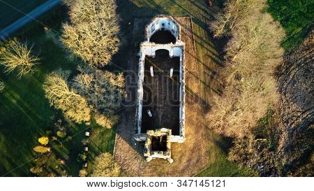 Ruins Of The Lutheran Church In Salgale Latvia Near Of The Bank Of The River Lielupe Aerial View