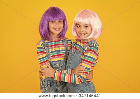 Cheerful Friends In Colorful Wigs. Anime Cosplay Party Concept. Anime Fan. Animation Style Character