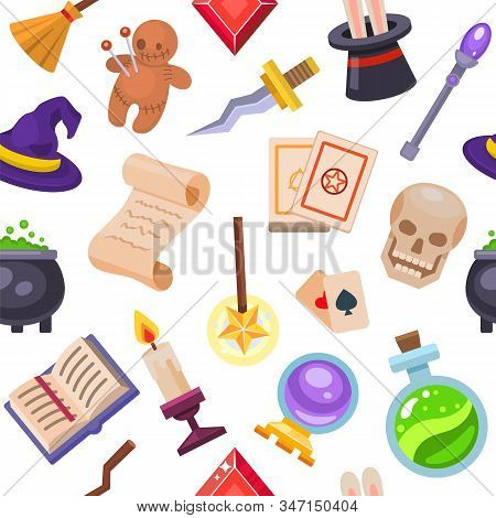Magic Fantasy Tools Set Collection Vector Illustration Seamless Pattern. Mystery Fairytale Circus Il