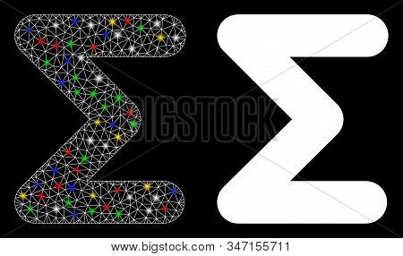 Glossy Mesh Sum Icon With Glitter Effect. Abstract Illuminated Model Of Sum. Shiny Wire Carcass Tria