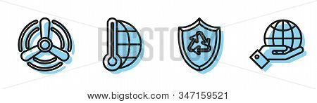 Set Line Recycle Symbol Inside Shield, Wind Turbine, Meteorology Thermometer Measuring And Human Han