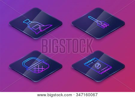 Set Isometric Line Bag Of Flour, Shopping Basket, Garden Rake And A Pack Full Of Seeds Of A Specific