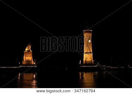 Lake Constance Bodensee Historic Lighthouse Watch Tower Light Up Night Golden Glow