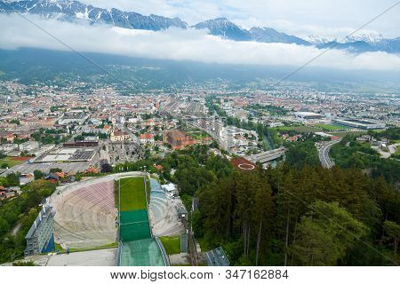 Bergisel Ski Jumping, Innsbruck, Austria Landmark. Aerial View