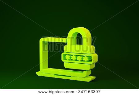 Yellow Laptop With Password Notification And Lock Icon Isolated On Green Background. Security, Perso