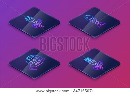 Set Isometric Line Electric Saving Plug In Leaf, Human Hands Holding Earth Globe, Fish Skeleton And 