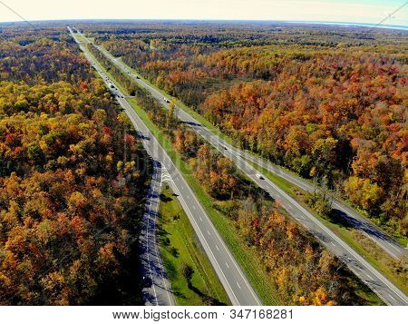The Aerial View Of Stunning Fall Foliage Near Interstate 81 Highway Of Watertown, New York, U.s.a