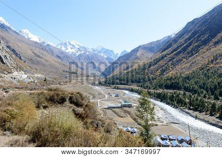 Landscape Of Mountain Valley, Panorama Of City Sangla Valley, Chitkul Village, From The Hiking Trail