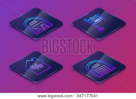 Set Isometric Line Warehouse, House With Percant Discount Tag, Hanging Sign With Text Sale And Wareh