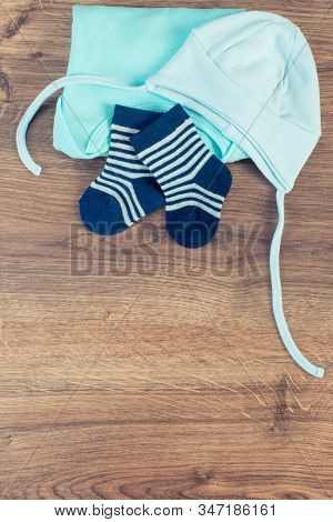 Blue Clothing For Newborn Baby Boy, Concept Of Expecting For Kids And Extending Family, Place For Te