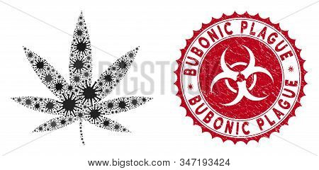 Coronavirus Mosaic Cannabis Icon And Round Rubber Stamp Watermark With Bubonic Plague Phrase. Mosaic