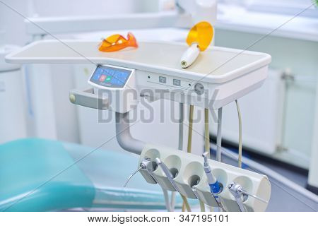 Kyiv Ua, 31-07-2019. Dental Office Interior, Close-up Of Dental Equipment, Tools And Materials.