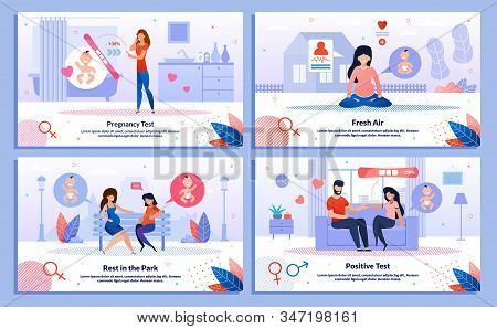 Pregnancy Test Result, Pregnant Woman Activity And Leisure Trendy Flat Vector Banner, Poster Set. Wo