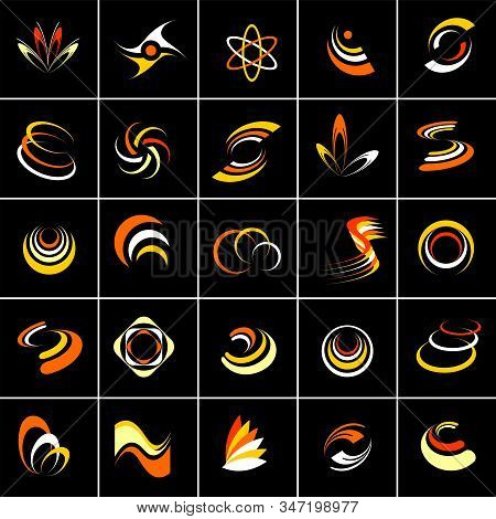 Design Elements Set. Abstract Icons In Warm Colors Isolated On Black. Vector Art.