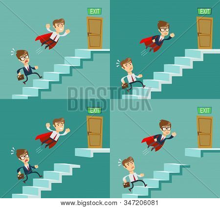 Super Businessman In Red Cape Flying Pass Another Businessman Climbing Stairs. Business Competition 