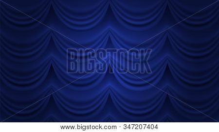 Blue Curtain. Closed Curtain Vector Background. Blue Drapery For Theater Circus Hall Stage. Theater 