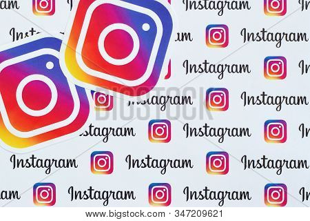 Instagram Pattern Printed On Paper With Small Instagram Logos And Inscriptions. Instagram Is America