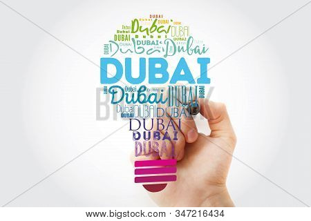 Dubai Light Bulb Word Cloud, Travel Concept Background