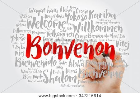 Bonvenon (welcome In Esperanto) Word Cloud With Marker In Different Languages, Conceptual Background
